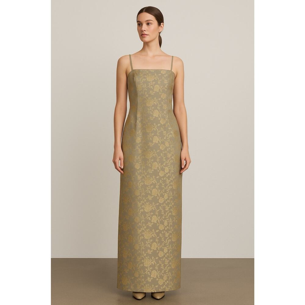 Jessica McClintock Gold Floral Brocade Dress 14P USA VTG  90s Formal Gown Prom